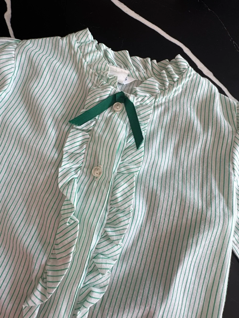 Vintage Good Lad Girls Green and White Striped Ruffle Blouse